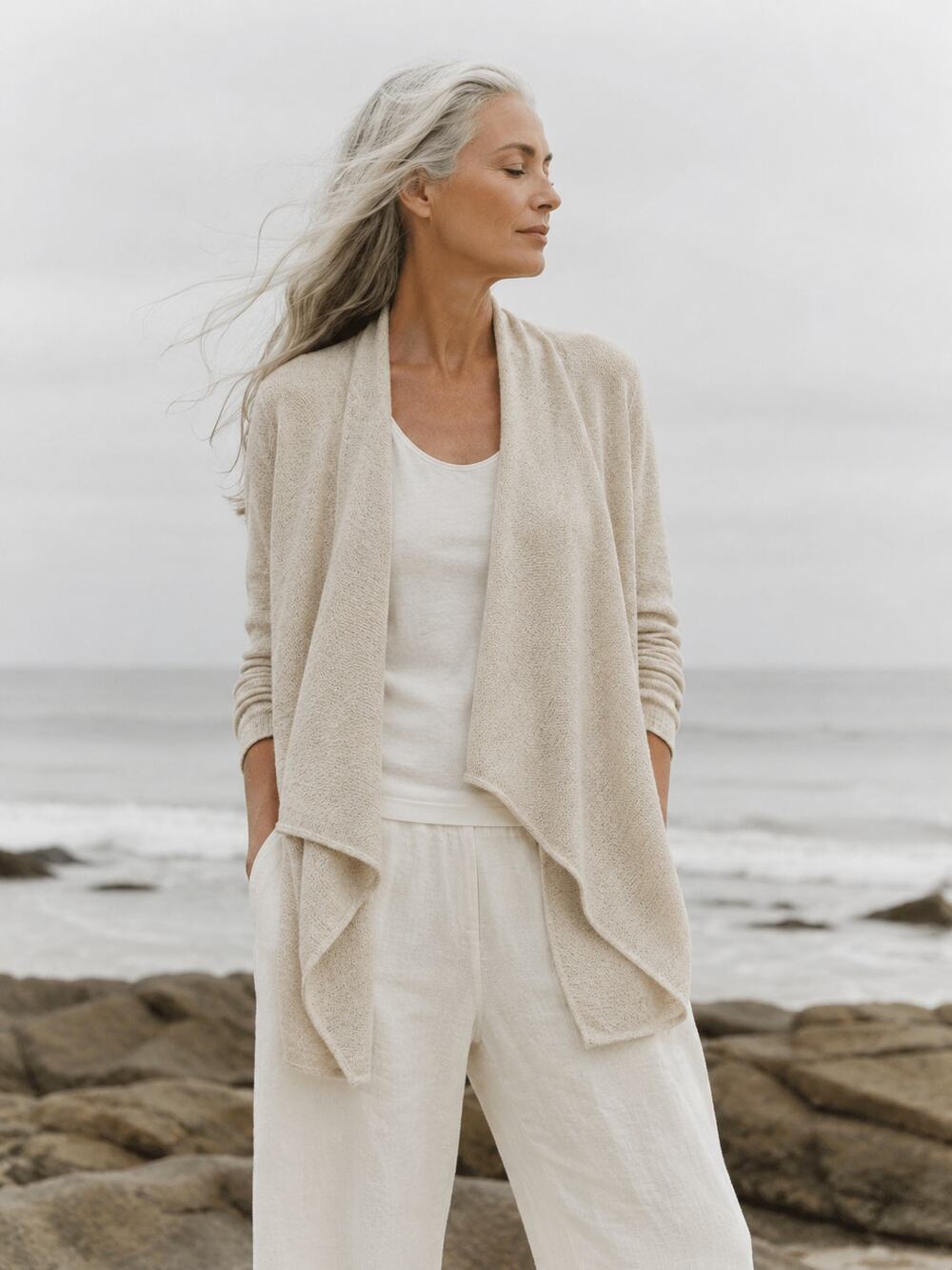 Eileen Fisher Organic Cotton Wool Cardigan Sweater SM Beige Oatmeal Drape Front